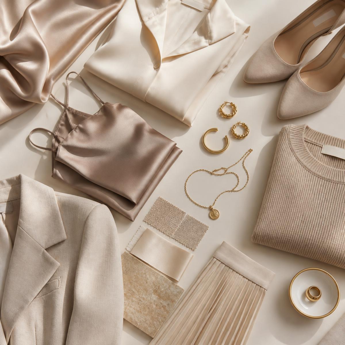 Neutral luxury wardrobe flatlay with silk garments and gold jewellery